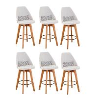 Kit 06 Banquetas Alta Maya Giratória Com Encosto Linho Bege Claro e Almofada Zigzag - Aurora Line - 1