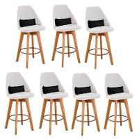 Kit 07 Banquetas Alta Maya Giratória Com Encosto Linho Bege Claro e Almofada Suede Preto - Aurora Line - 1