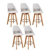 Kit 05 Banquetas Alta Maya Giratória Com Encosto Linho Bege Claro e Almofada Folhas - Aurora Line - 1