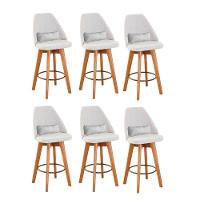 Kit 06 Banquetas Alta Maya Giratória Com Encosto Gourmet Linho Bege e Almofada Corino Branco - Aurora Line - 1