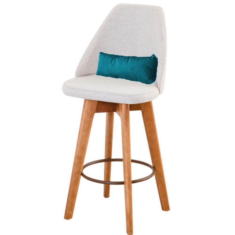 Kit 07 Banquetas Alta Maya Giratória Com Encosto Gourmet Linho Bege e Almofada Suede Azul Turquesa - Aurora Line - 3