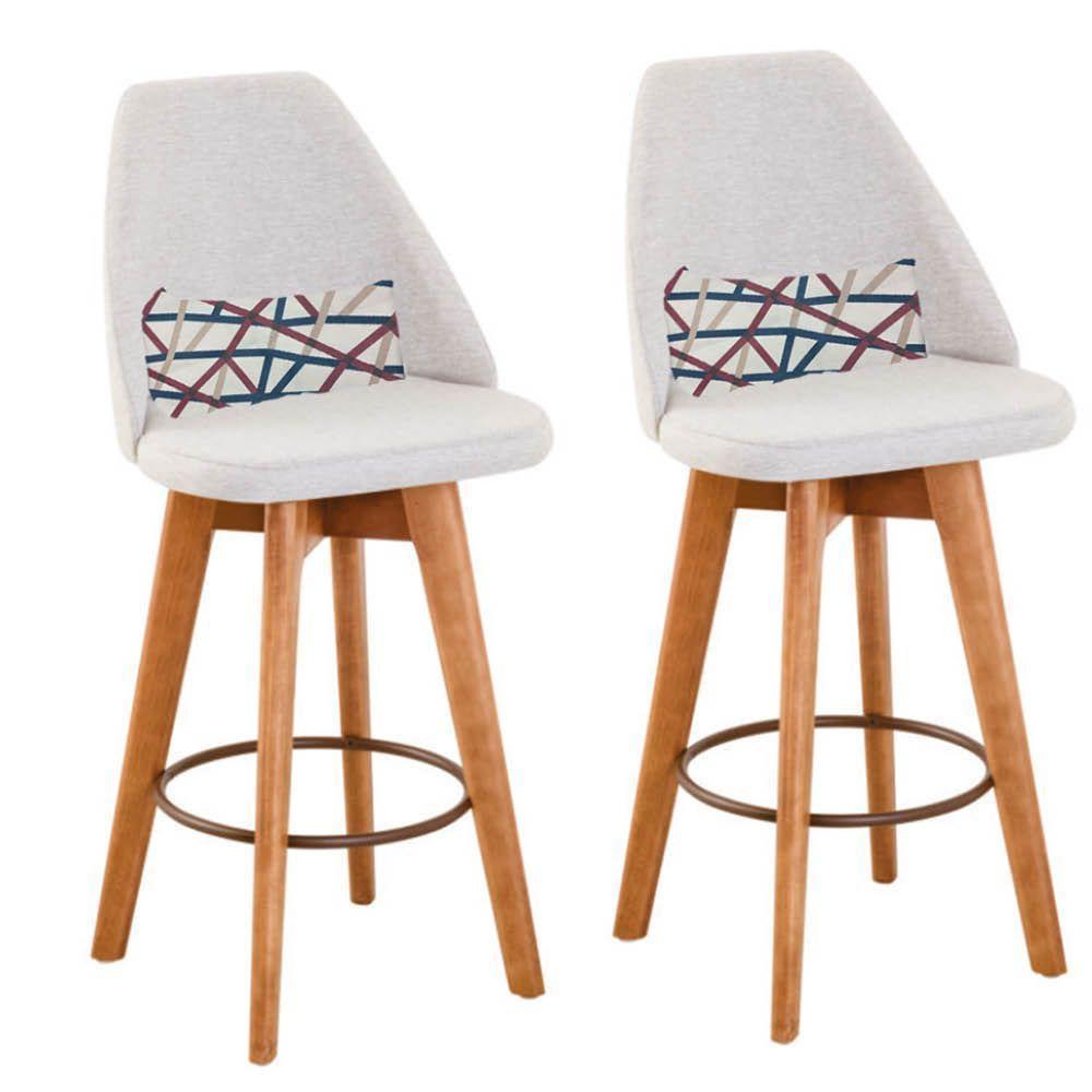 Kit 02 Banquetas Alta Maya Giratória Com Encosto Gourmet Linho Bege e Almofada Linhas Coloridas - Aurora Line - 1