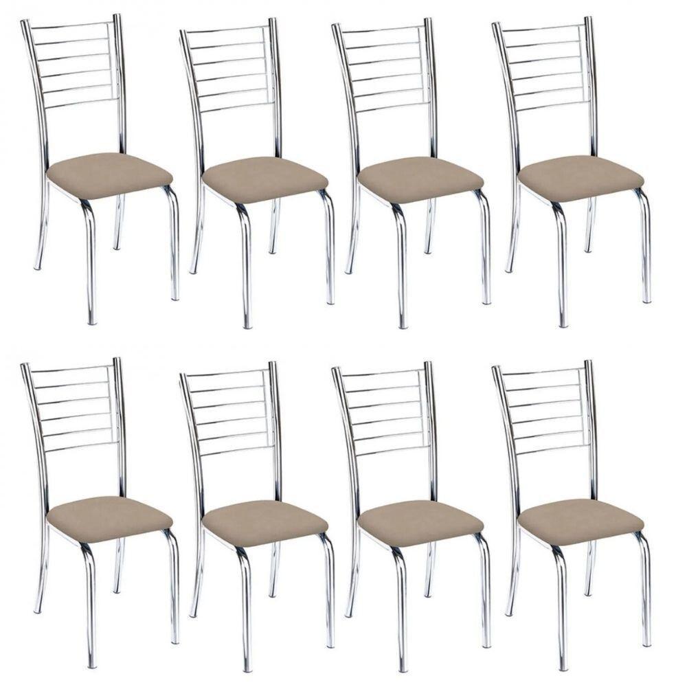 Kit 8 Cadeiras De Jantar Lara Cromada Para Cozinha Suede Bege - Aurora Line - 1