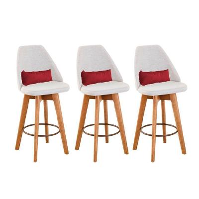 Kit 03 Banquetas Alta Maya Giratória Com Encosto Linho Bege Claro e Almofada Corino Vermelho - Aurora Line