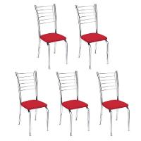 Kit 5 Cadeiras De Jantar Lara Cromada Para Cozinha Assento Corino Vermelho - Aurora Line - 1