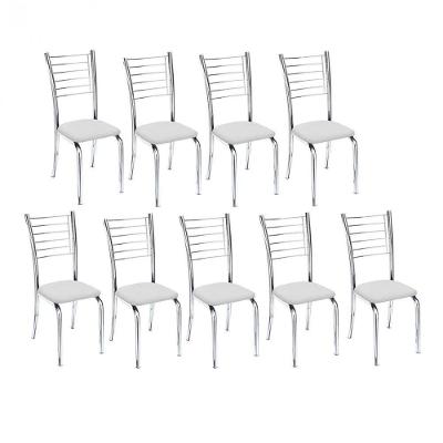 Kit 9 Cadeiras De Jantar Lara Cromada Para Cozinha Assento Corino Branco - Aurora Line