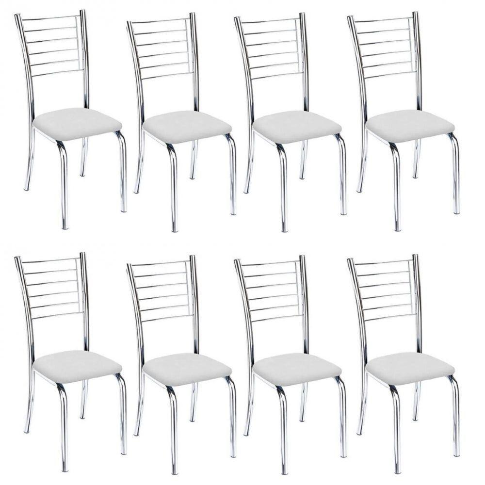 Kit 8 Cadeiras De Jantar Lara Cromada Para Cozinha Assento Sintético Branco - Aurora Line - 1