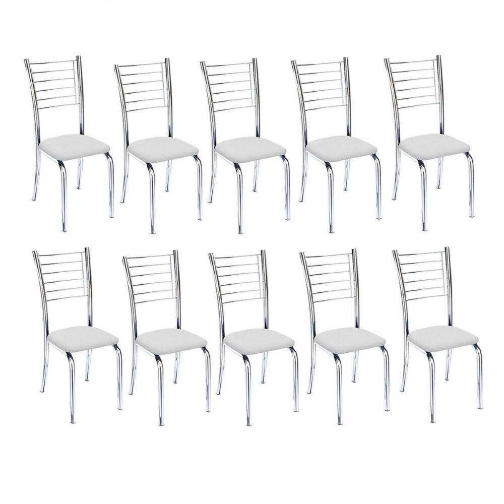 Kit 10 Cadeiras De Jantar Lara Cromada Para Cozinha Assento Corino Branco - Aurora Line - 1