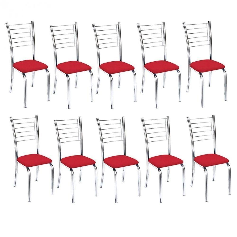 Kit 10 Cadeiras De Jantar Lara Cromada Para Cozinha Assento Corino Vermelho - Aurora Line - 1