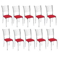 Kit 10 Cadeiras De Jantar Lara Cromada Para Cozinha Assento Corino Vermelho - Aurora Line - 1