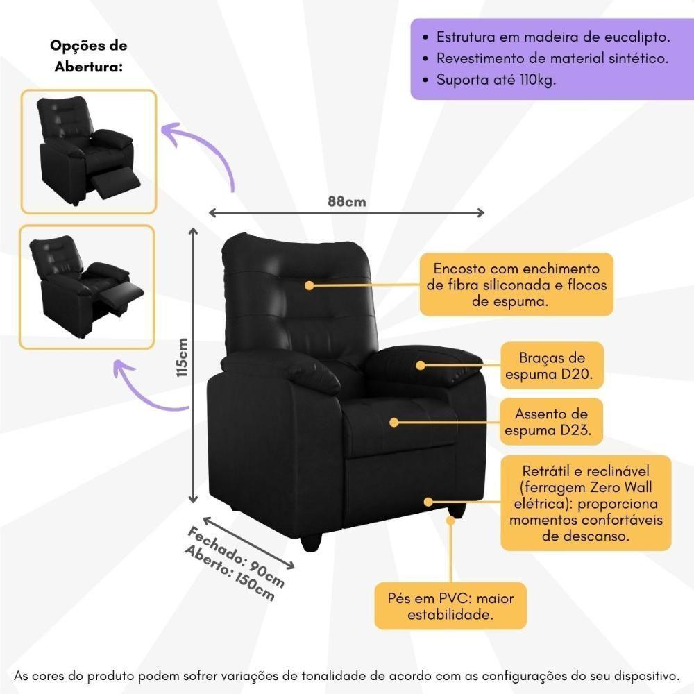 Poltrona Retrátil e Reclinável 88cm Com Pés Multimóveis Cr45263 Preto - 5