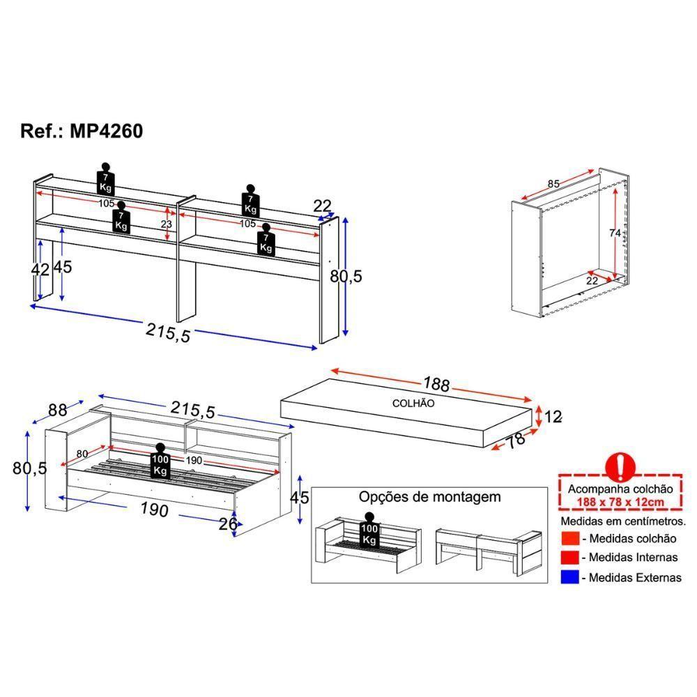 Cama De Solteiro Com Colchão Incluso Baú Embutido e Prateleira Multimóveis Mp4260 Rustic Branco - 8