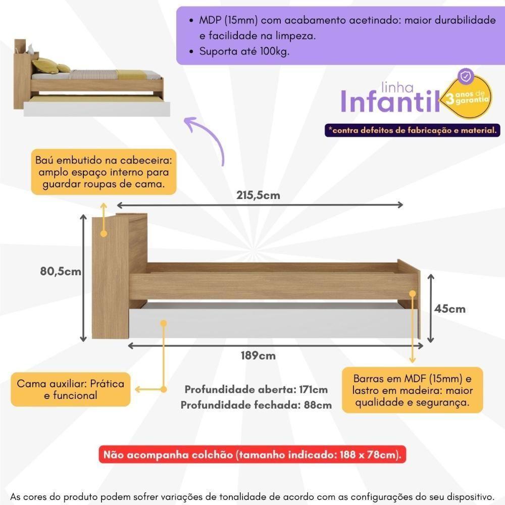 Bicama De Solteiro Para Colchão 188 X 78cm Com Baú Embutido Multimóveis Mp4258 Rustic Branco - 6