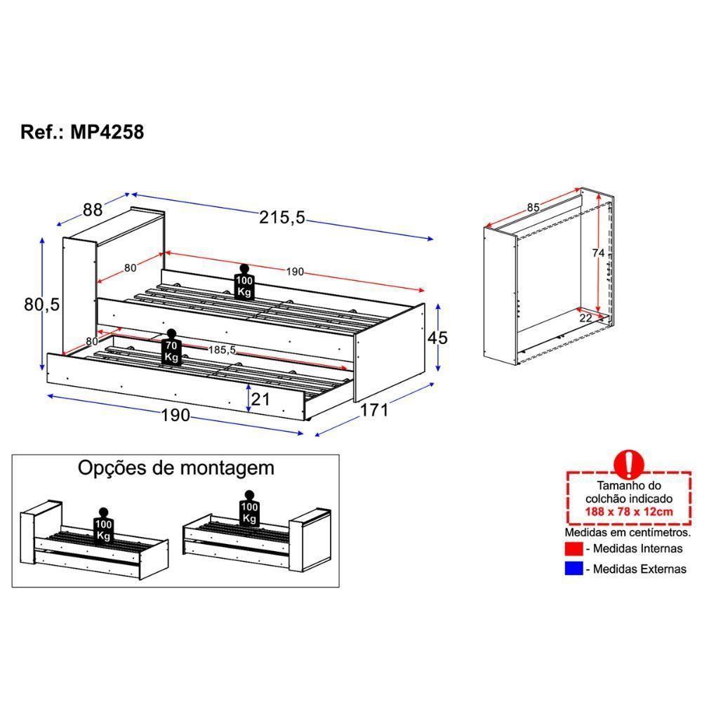 Bicama De Solteiro Para Colchão 188 X 78cm Com Baú Embutido Multimóveis Mp4258 Rustic Branco - 8