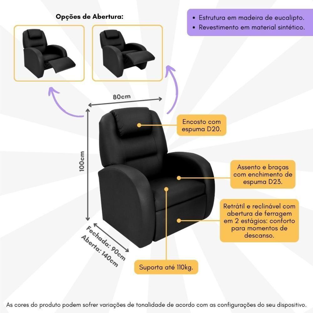 Poltrona Retrátil e Reclinável 80cm Com Material Sintético Multimóveis Cr45266 Preto - 5
