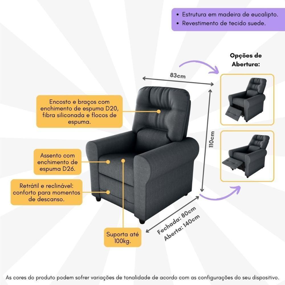 Poltrona Retrátil e Reclinável 83cm Com Tecido Suede Multimóveis Cr45264 Cinza - 5
