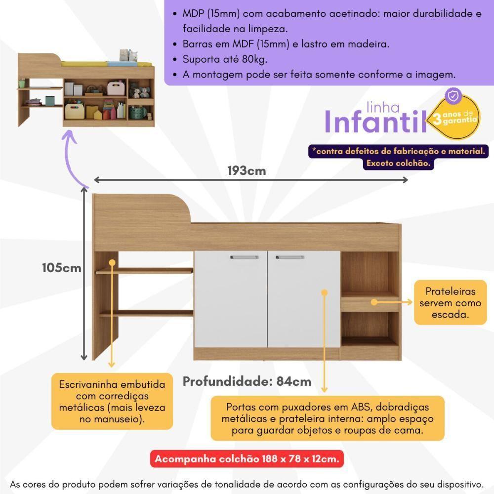 Cama Solteiro Multifuncional Com Colchão Incluso 2 Portas e Escrivaninha Multimóveis Mp4233 Rustic Branco - 5