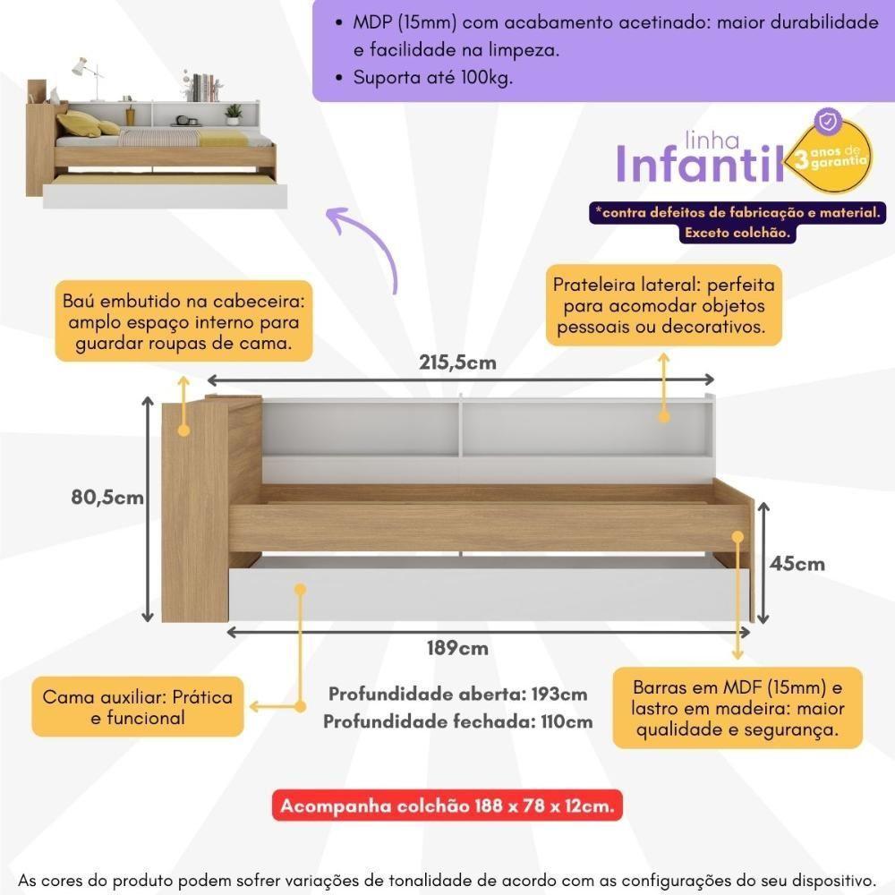 Bicama De Solteiro Com Colchão Incluso Baú Embutido e Prateleira Multimóveis Mp4259 Rustic Branco - 6