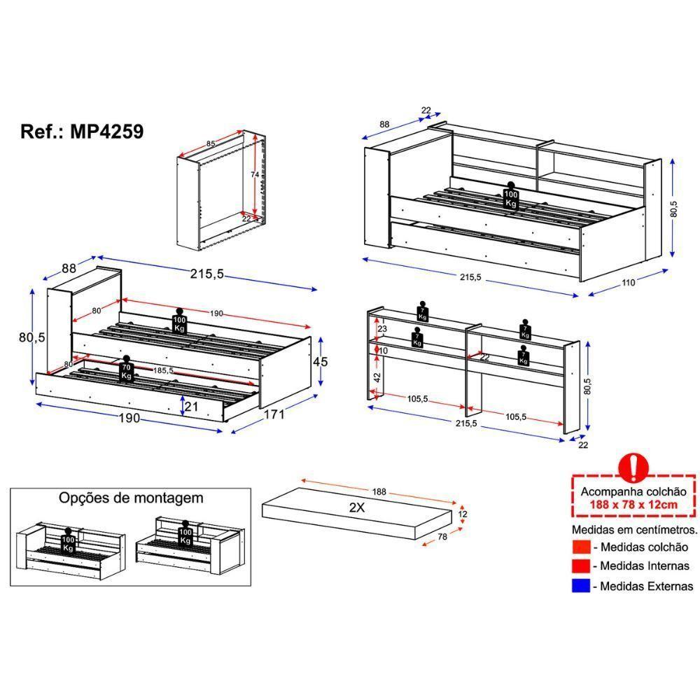 Bicama De Solteiro Com Colchão Incluso Baú Embutido e Prateleira Multimóveis Mp4259 Rustic Branco - 8