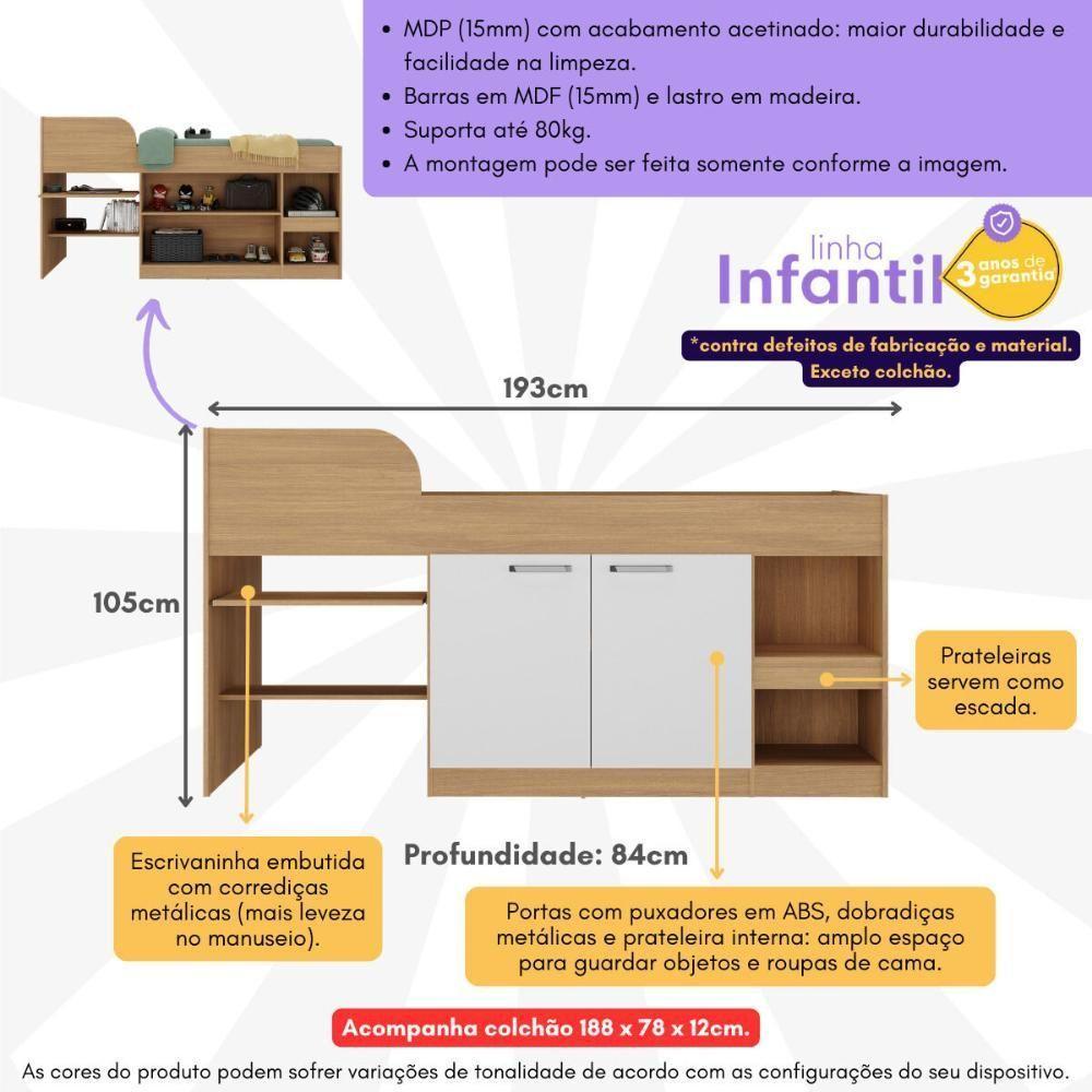 Cama Solteiro Multifuncional Com Colchão Incluso 2 Portas e Escrivaninha Multimóveis Mp4235 Rustic Branco - 6