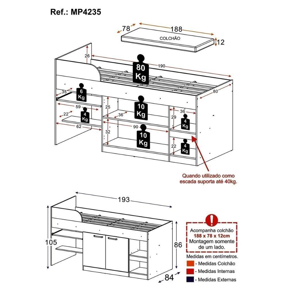 Cama Solteiro Multifuncional Com Colchão Incluso 2 Portas e Escrivaninha Multimóveis Mp4235 Rustic Branco - 8