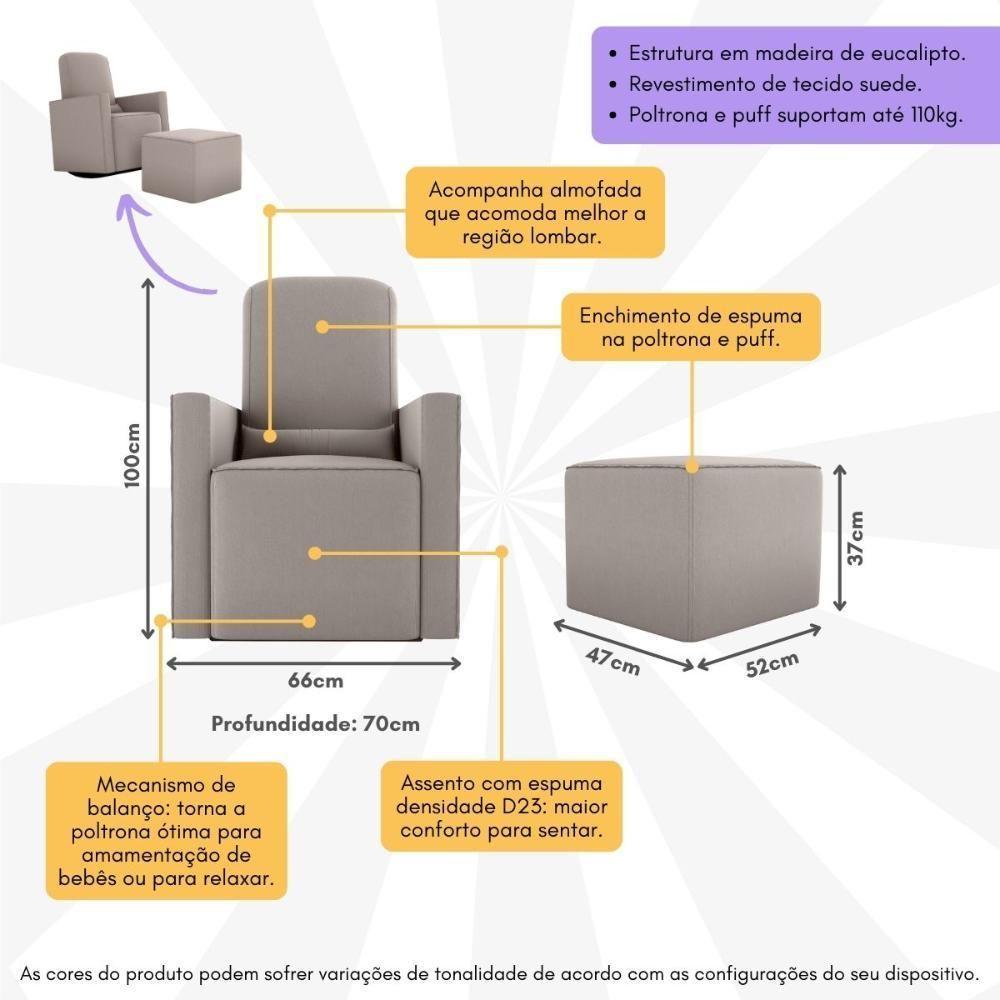 Poltrona De Balanço 66cm Com Puff Multimóveis Cr45268 Bege - 5