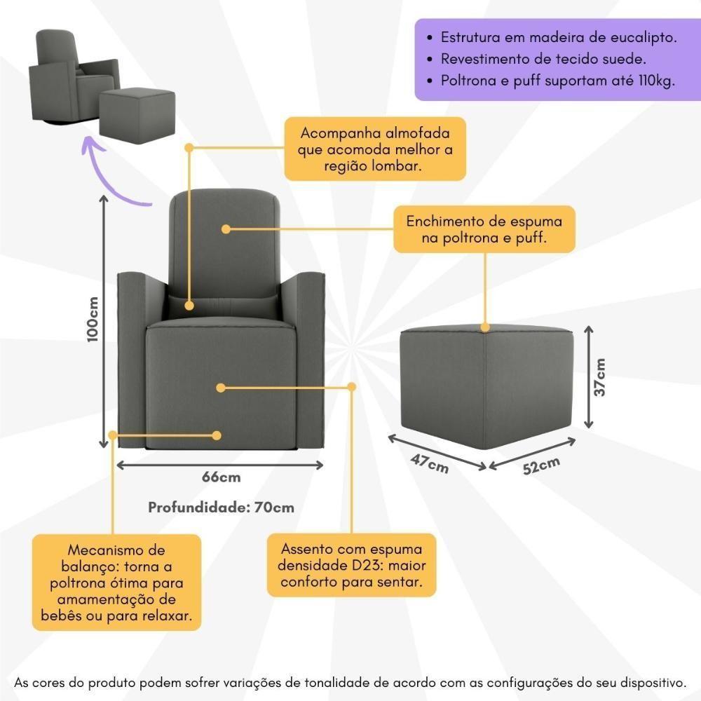 Poltrona De Balanço 66cm Com Puff Multimóveis Cr45268 Cinza - 5
