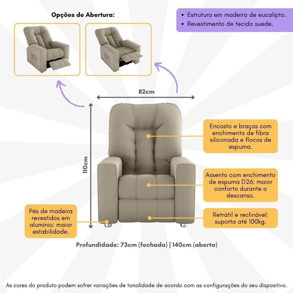 Poltrona Retrátil e Reclinável 82cm Com Tecido Suede Multimóveis Cr45261 Bege - 6