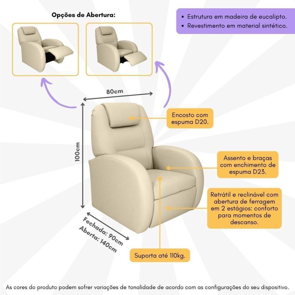 Poltrona Retrátil e Reclinável 80cm Com Material Sintético Multimóveis Cr45266 Bege - 3