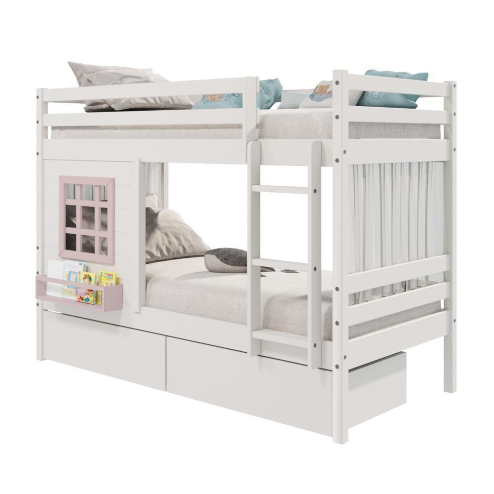 Beliche Infantil Com Janela Gavetas E Cortina Madeira Maciça Branco/ Rosa Housin - 1