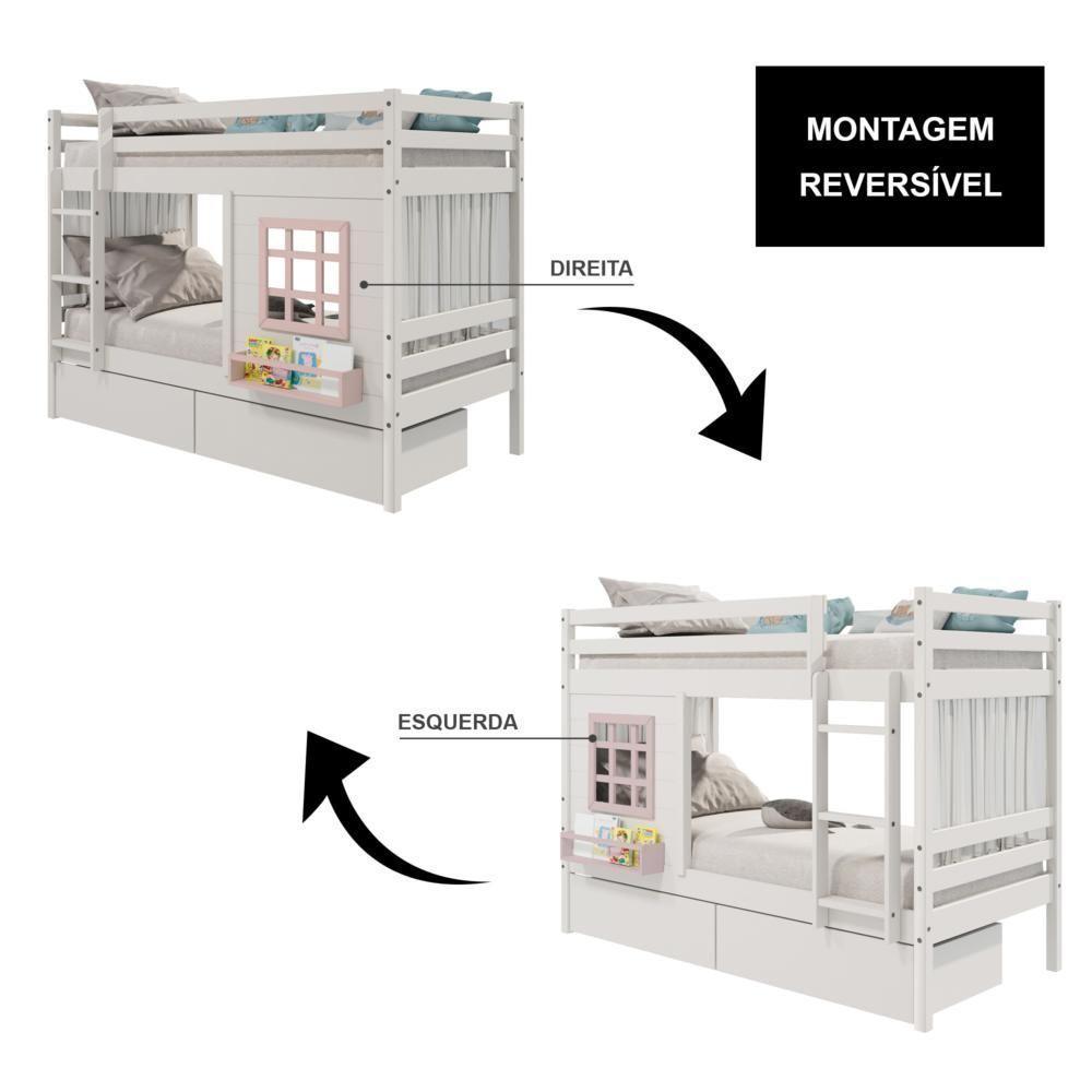 Beliche Infantil Com Janela Gavetas E Cortina Madeira Maciça Branco/ Rosa Housin - 2