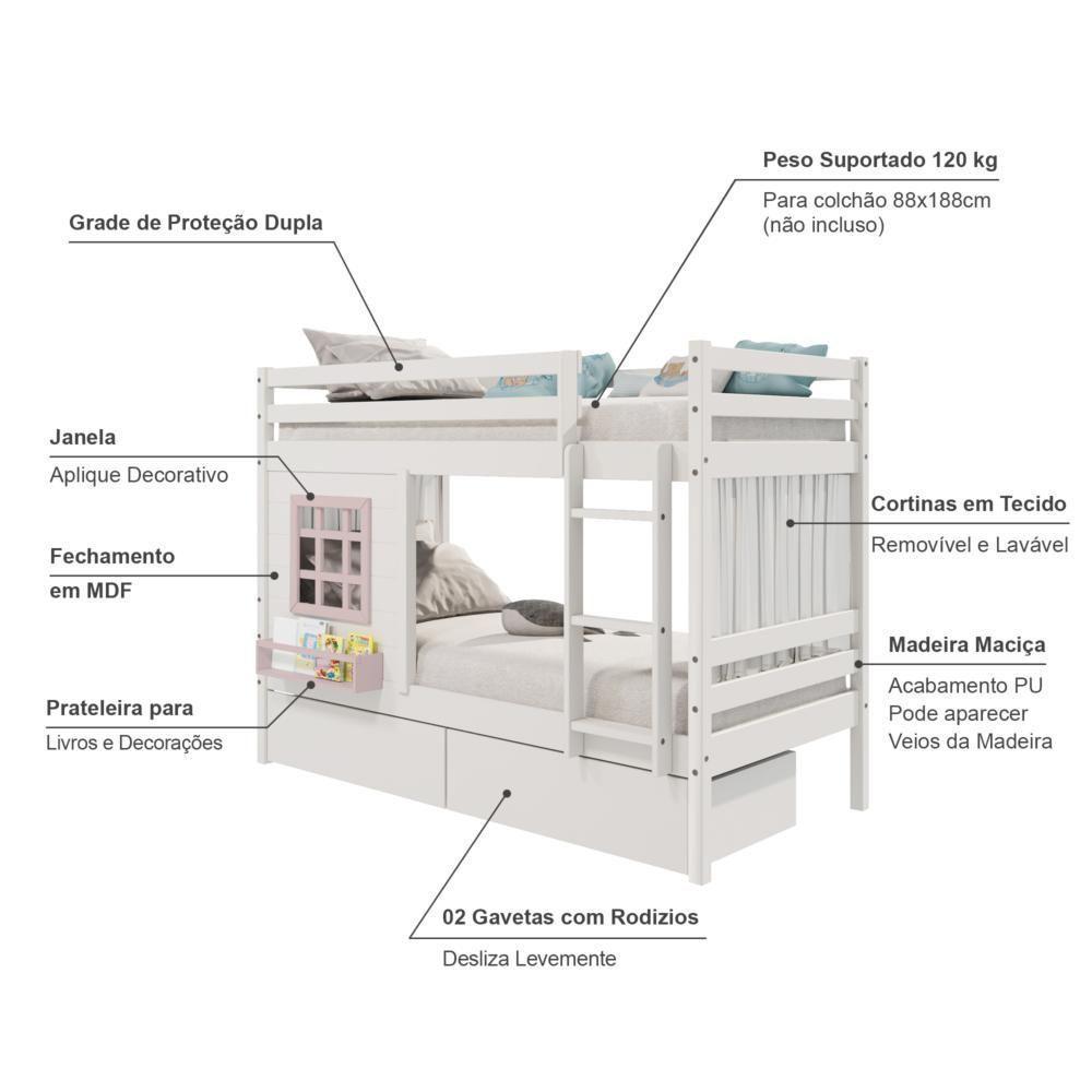 Beliche Infantil Com Janela Gavetas E Cortina Madeira Maciça Branco/ Rosa Housin - 4
