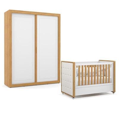 Berço Americano com Capitonê New Boucle e Guarda Roupa Tutto New 2 Portas 4 Gavetas MDF Freijó