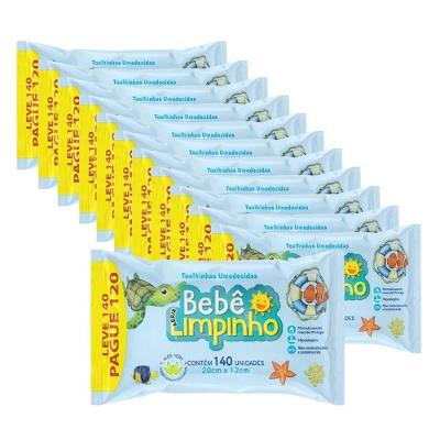 Kit C- 12 Pacotes Lenço Toalhas Umedecidas Aloe Vera Bebê Limpinho Pacote 140 Unidades