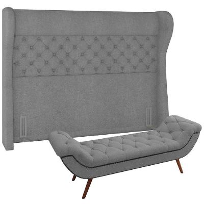 Kit Cabeceira Cama Box Casal 140cm Madrid com Puff Recamier Santorini Bouclê Cinza