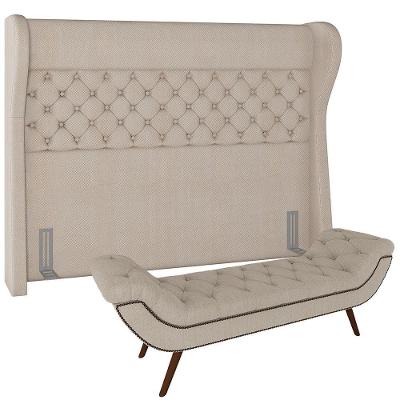 Kit Cabeceira Cama Box Casal 140cm Madrid com Puff Recamier Santorini em Linho Creme