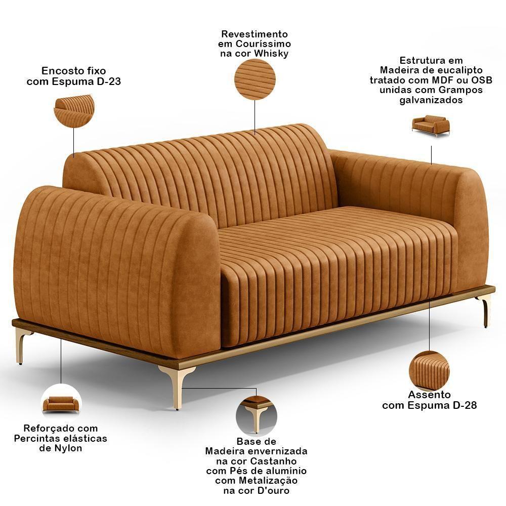 Sofá 3 Lugares Molino 180cm D02 Base Castanho Pés D'ouro Couríssimo Whisky B-90 - 7