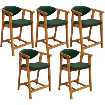 Kit 05 Banquetas Cecília L02 Assento Courino Base Madeira Encosto Fixo Verde