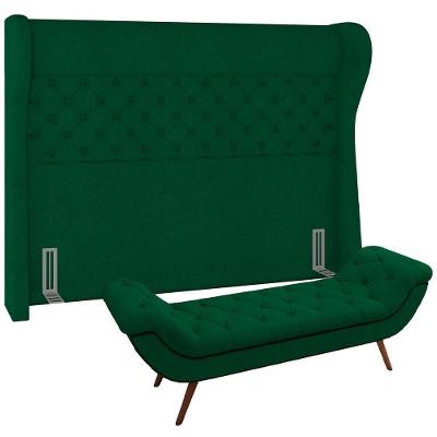 Kit Cabeceira Cama Box Casal Madrid 160cm com Puff Recamier Santorini Bouclê Verde