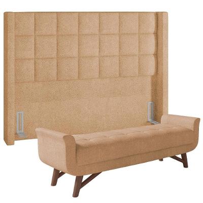 Kit Cabeceira Cama Box Queen Paris com Puff Recamier Itália Bouclê Mostarda