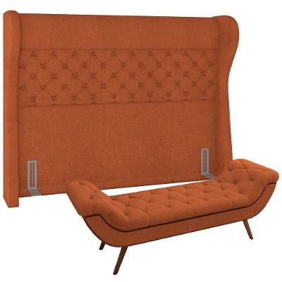 Kit Cabeceira Cama Box Casal 160cm Madrid com Puff Recamier Santorini Bouclê Terracota