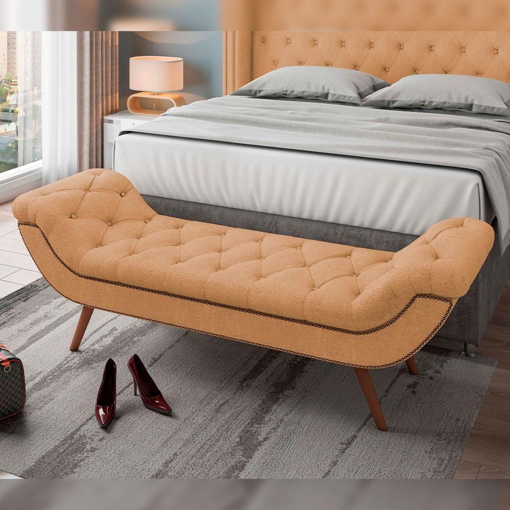 Kit Cabeceira Cama Box Casal 195cm Madrid Com Puff Recamier Santorini Bouclê Mostarda - 7