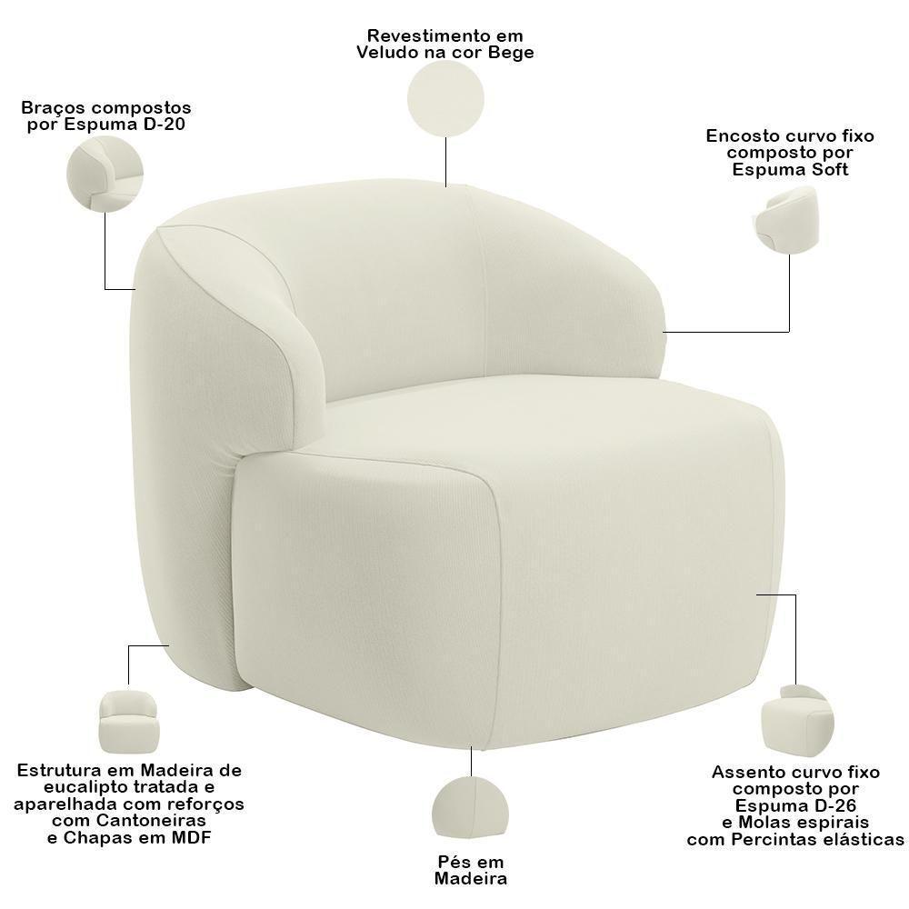 Poltrona Decorativa Fixa Orgânica Living Barolo L06 Veludo Bege - 7