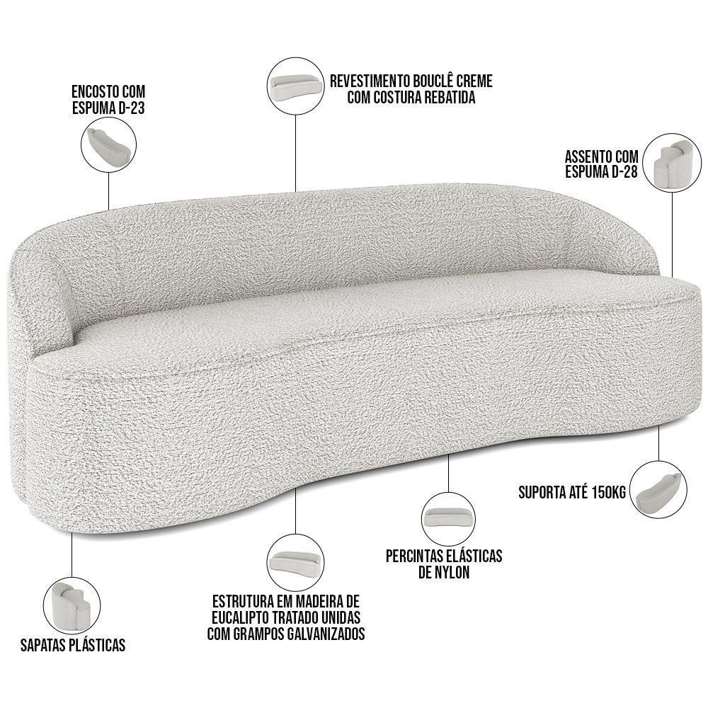Sofá 3 Lugares Curvo Living Lótus D02 Bouclê Creme 180cm B-54 - 3
