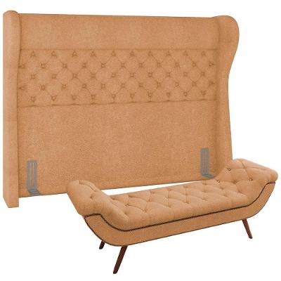 Kit Cabeceira Cama Box Casal 140cm Madrid com Puff Recamier Santorini Linho Mostarda