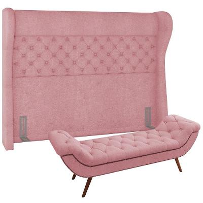 Kit Cabeceira Cama Box Casal 160cm Madrid com Puff Recamier Santorini Bouclê Rosê