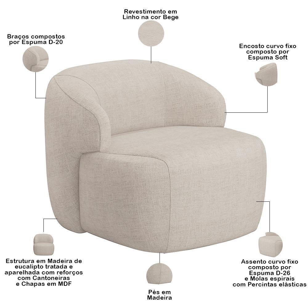 Poltrona Decorativa Fixa Orgânica Living Barolo L06 Linho Bege - 3