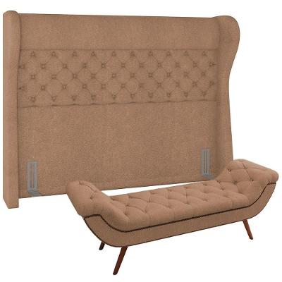 Kit Cabeceira Cama Box Casal 160cm Madrid com Puff Recamier Santorini Bouclê Bege