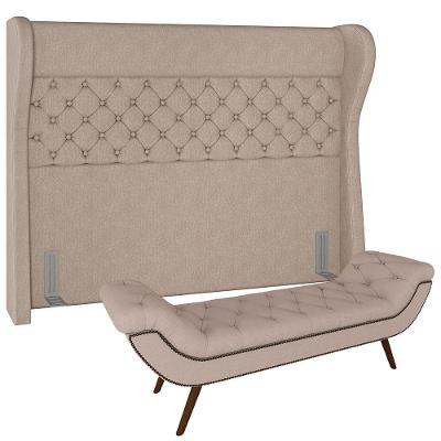 Kit Cabeceira Cama Box Casal Queen Madrid com Puff Recamier Santorini em Linho Bege