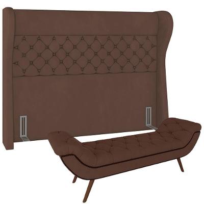 Kit Cabeceira Cama Box Casal 140cm Madrid com Puff Recamier Santorini Veludo Marrom